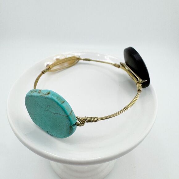 Bohemian Wire Wrapped Bracelet Turquoise Color Stone Wood Faux Pearl Bangle - Picture 5 of 9